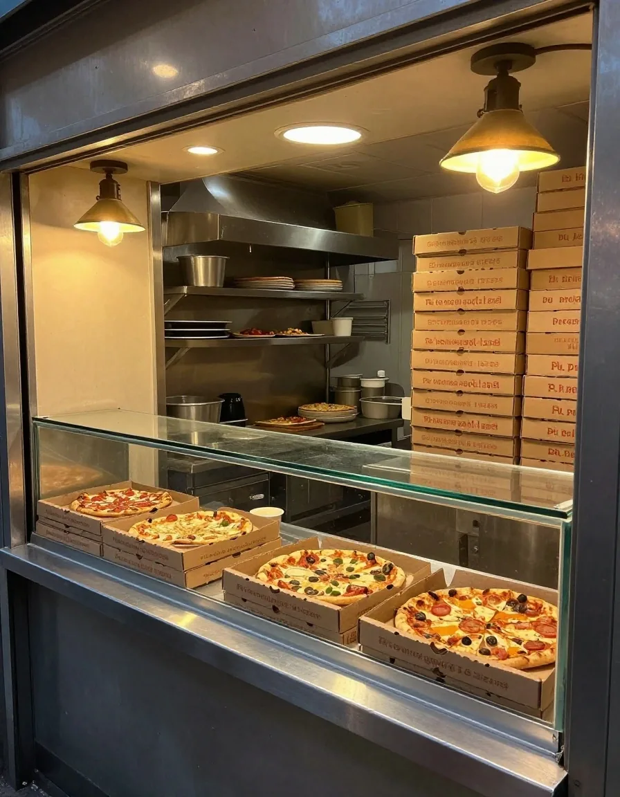 Inside the neighbourhood takeaway counter on Rathmines Road Lower, steel surfaces and stacked boxes
