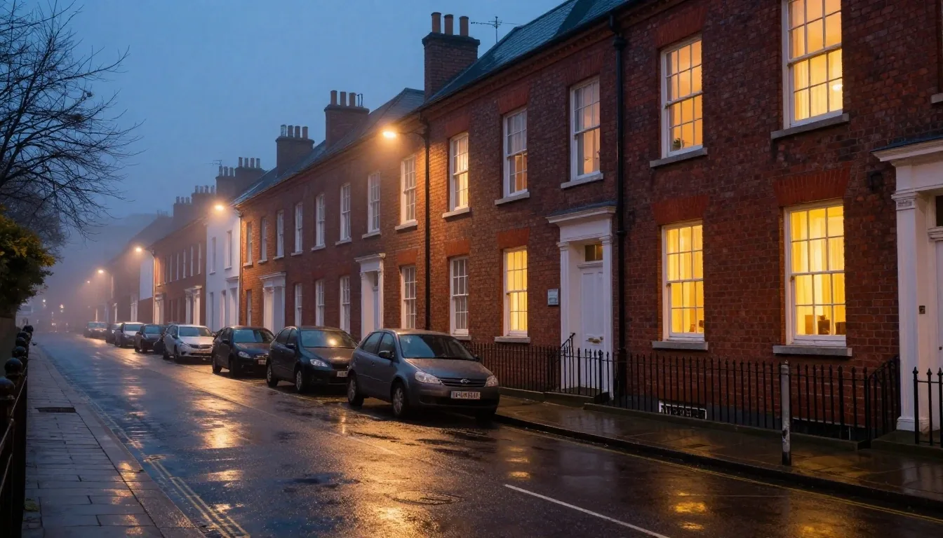 Rathmines residential street at night with lit windows and wet pavement