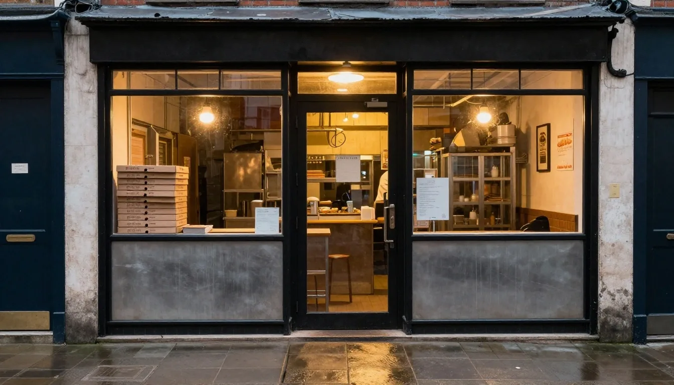Warm lit takeaway entrance on Rathmines Road Lower seen from across the street in the evening