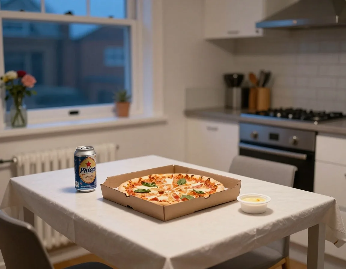 A single personal pizza with a can on a small kitchen table