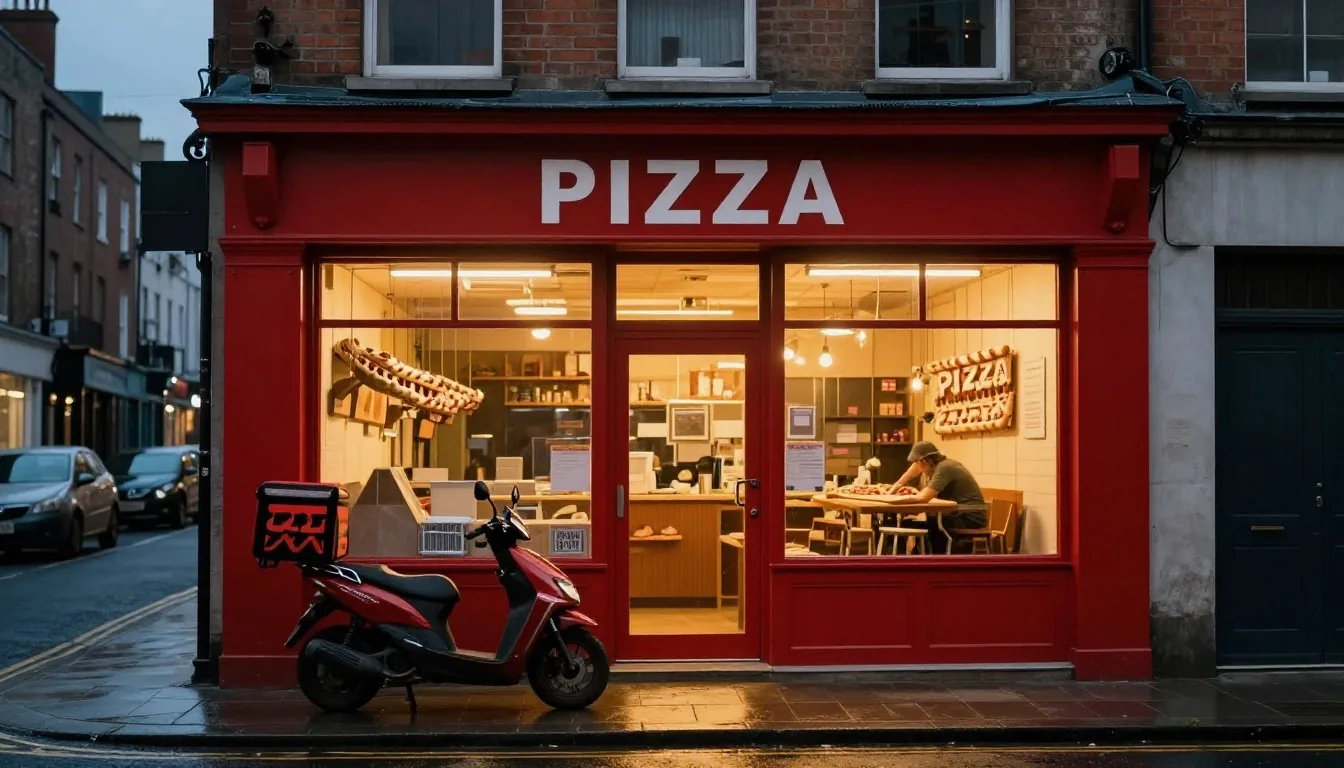 A neighbourhood pizza shopfront on a Dublin street at dusk