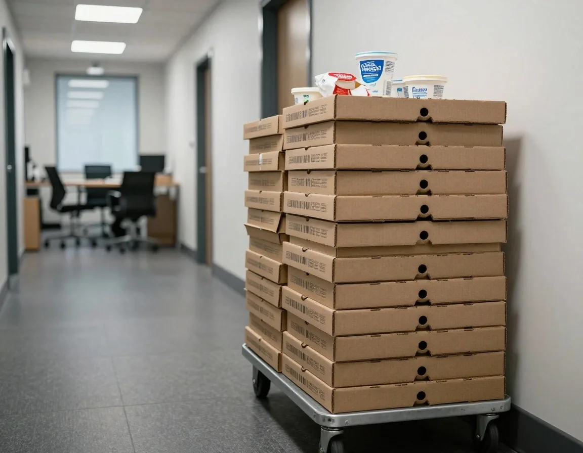 Large pizza boxes being taken to an office meeting room