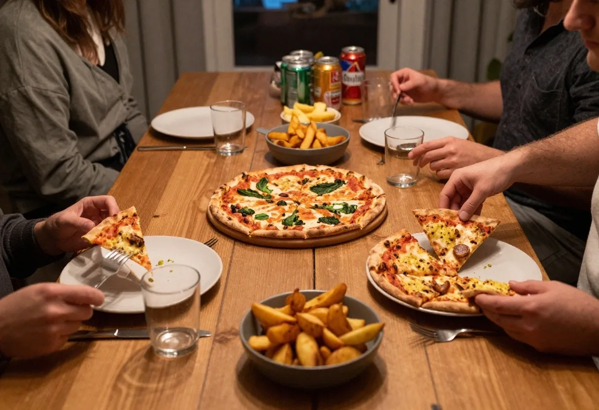 Large pizzas, wedges and drinks laid across a family dinner table