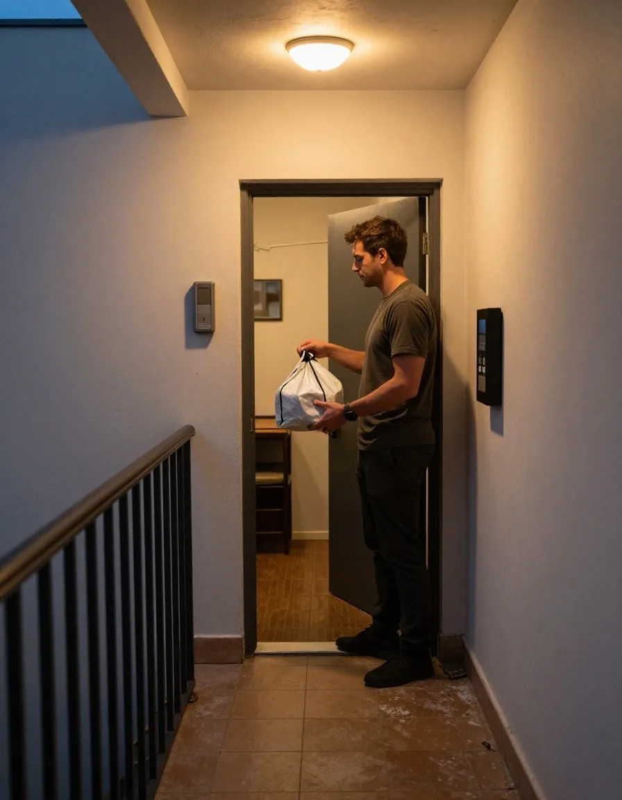 Pizza bag being handed over at an apartment lobby door in Dublin