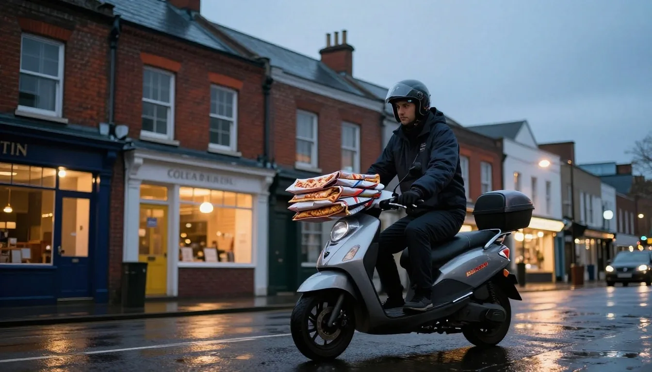 Pizza delivery bag being loaded onto a scooter on a Rathmines street at dusk