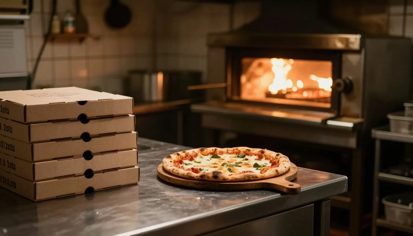 Warm pizza kitchen counter with stacked boxes and a peel at night