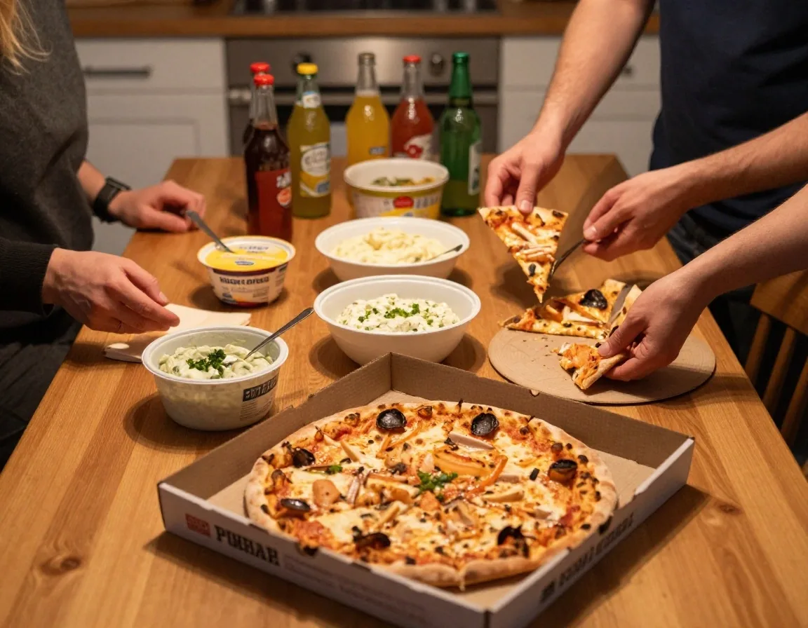 Open pizza boxes, dips and drinks spread across a kitchen table during a gathering at home