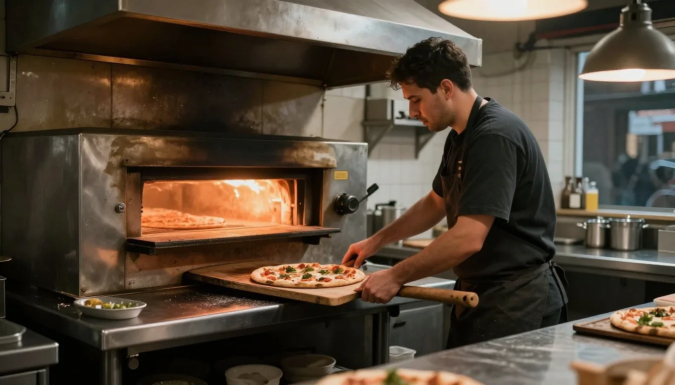 Pizza being placed into a deck oven in the kitchen of a Dublin neighbourhood pizza store