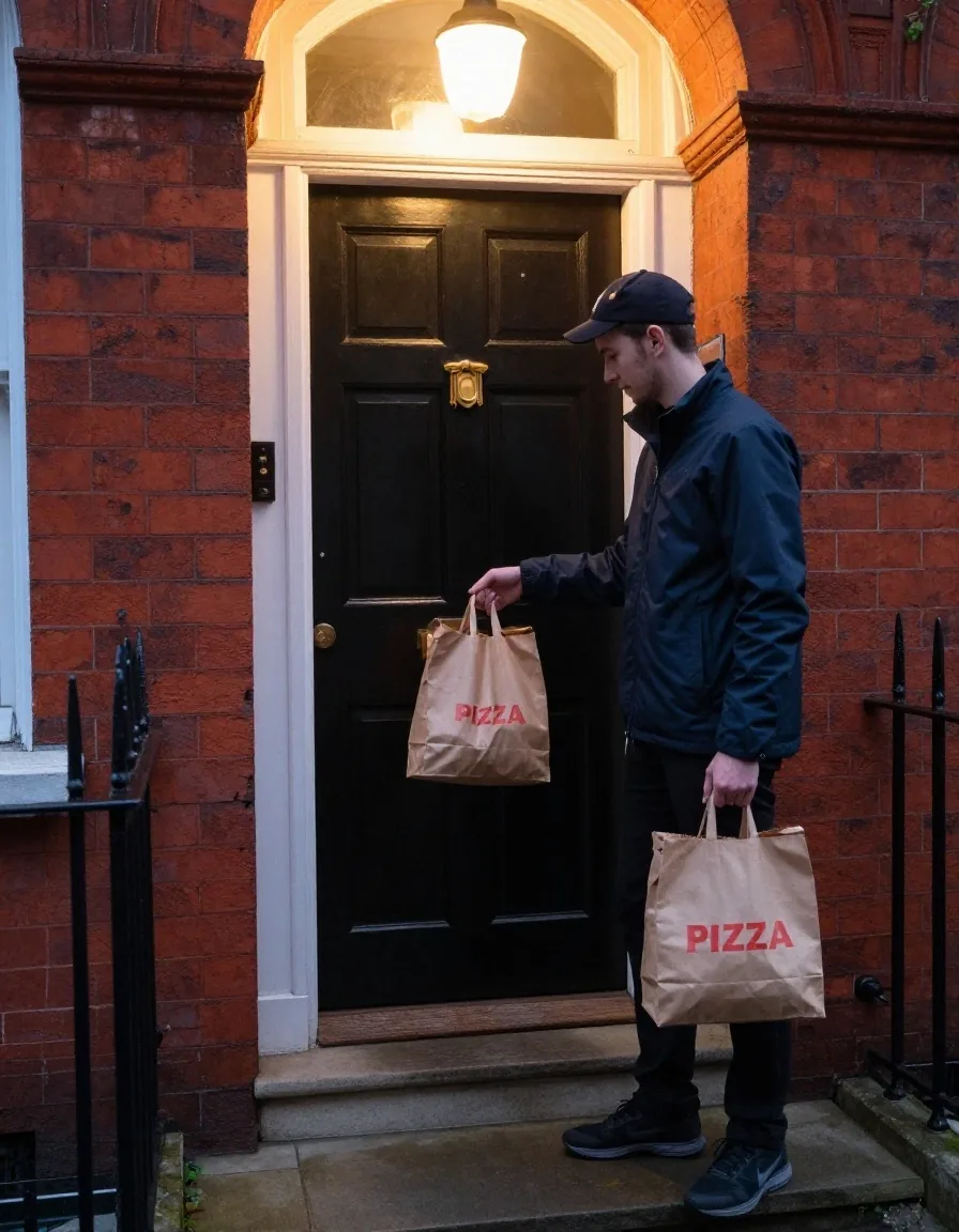 Pizza delivery bag handed over at the front door of a Dublin red-brick house in the evening