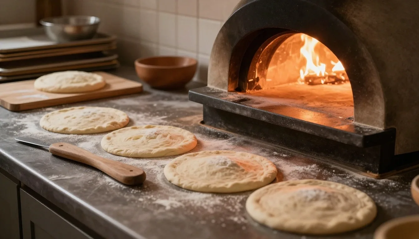 Freshly baked pizza being lifted slice by slice over a stainless steel counter in a dim kitchen