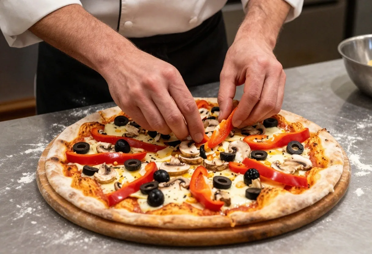 Hands arranging sliced peppers, mushrooms and olives onto a half-built pizza on a wooden peel