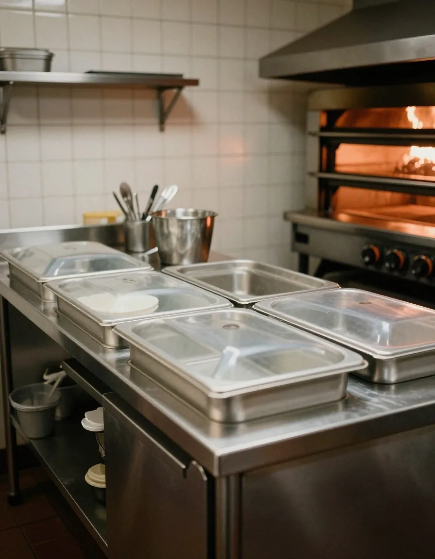 Labelled ingredient pans lined up on a stainless steel counter with a warm oven glow at the edge of frame