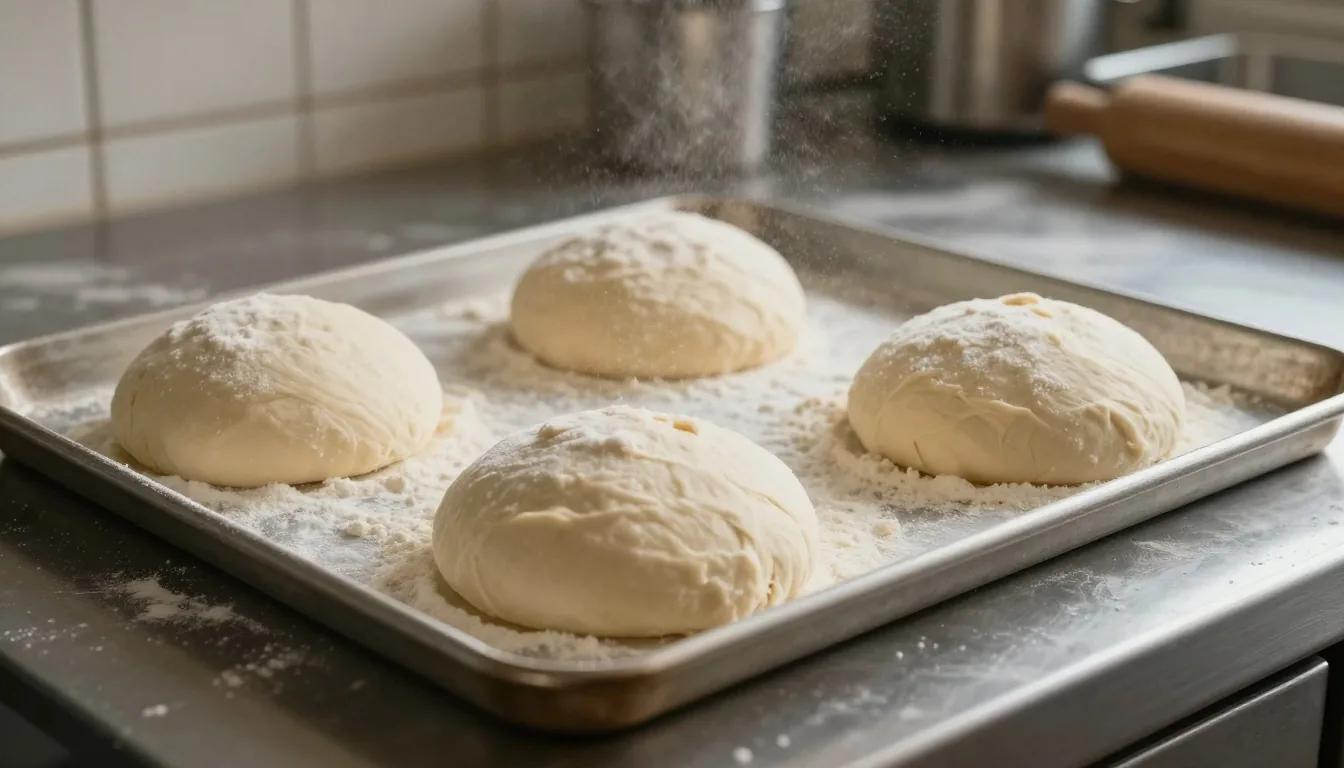 Pizza dough balls proofing in a flour-dusted tray on a stainless steel worktop