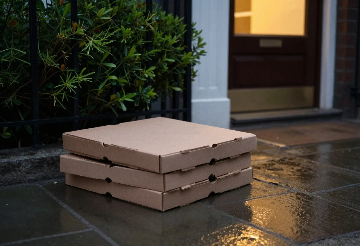 Vented pizza boxes resting flat on a Dublin doorstep in soft evening light