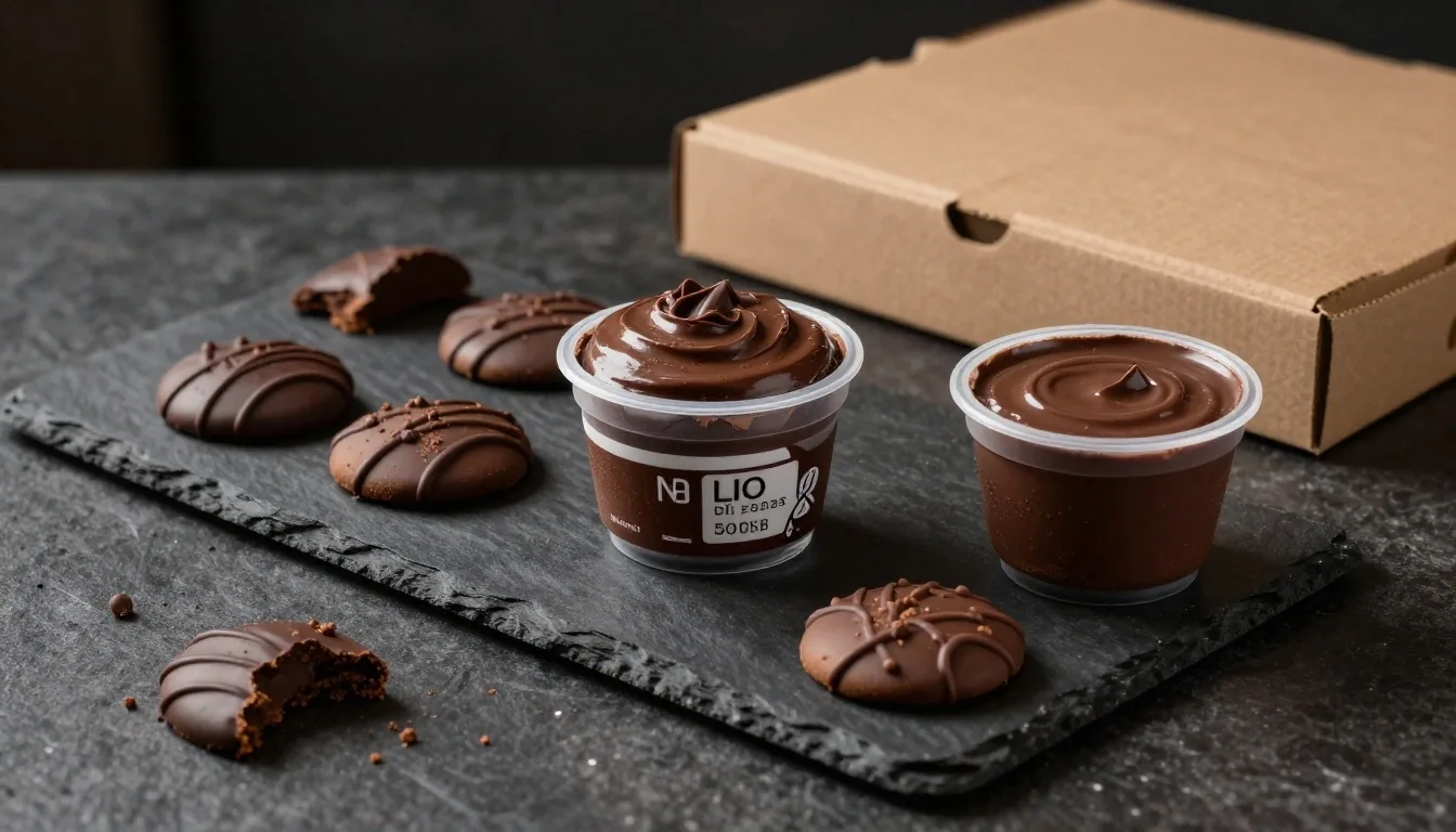 Chocolate dessert items and a chilled tub on a dark counter beside a closed pizza box