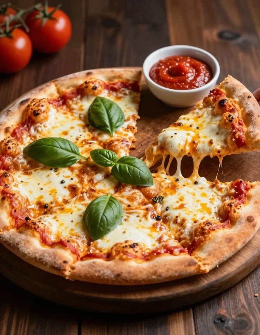Classic margherita pizza on a dark wooden board with a bowl of tomato dip