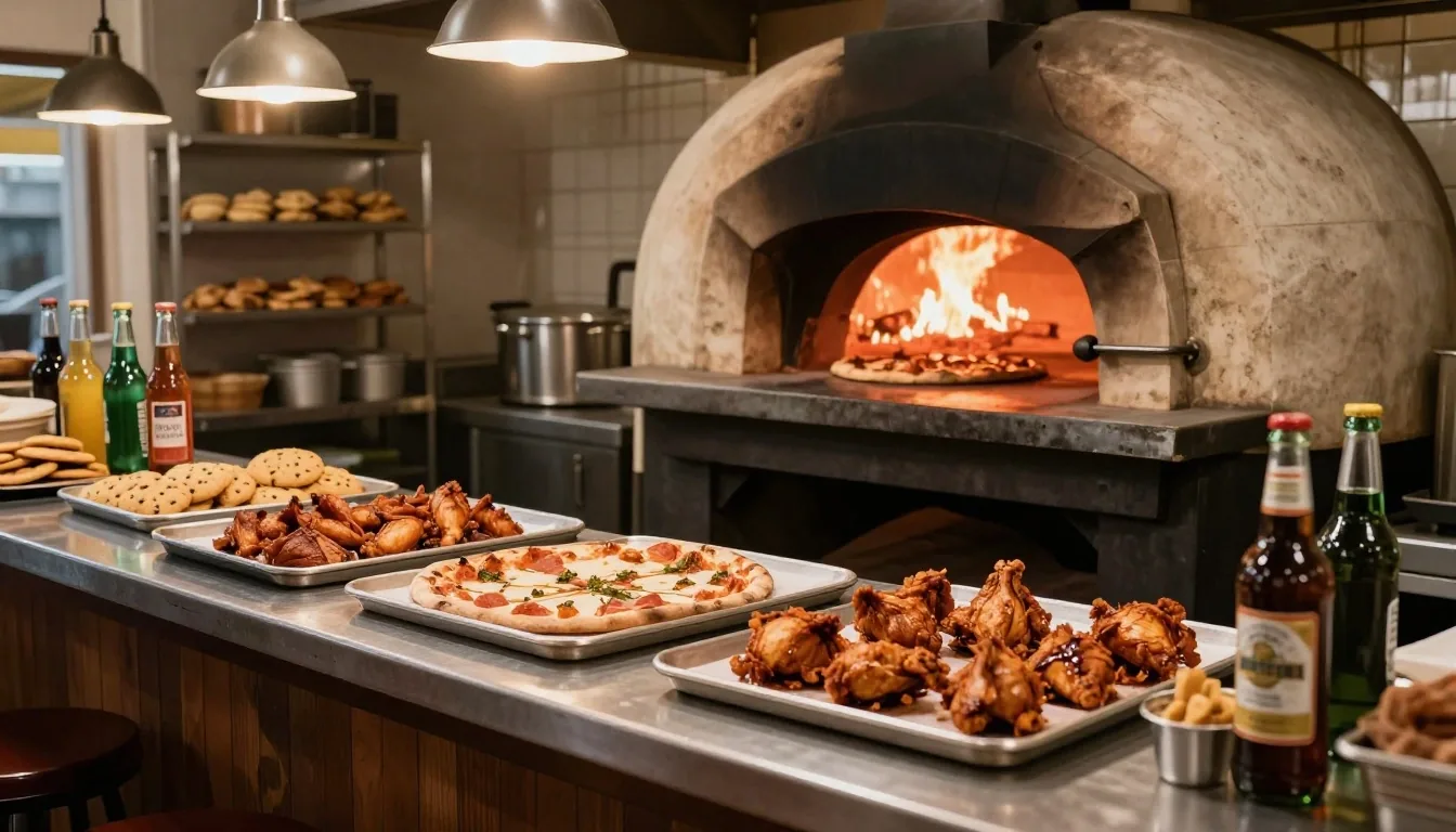 Freshly baked pizza on a steel peel beside closed delivery boxes and sides on a stainless counter