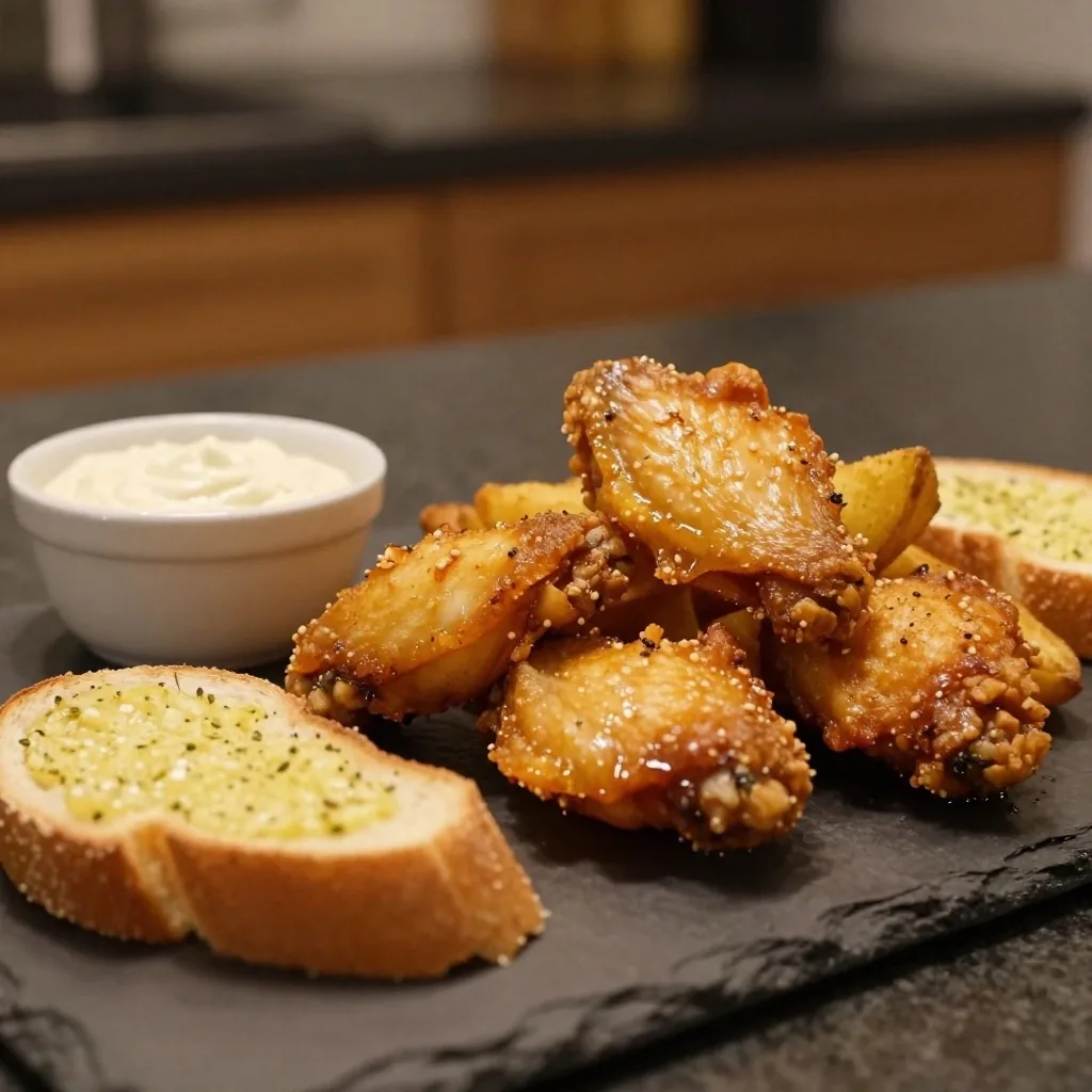 Potato wedges, chicken wings, garlic bread and pots of dip arranged on a dark counter