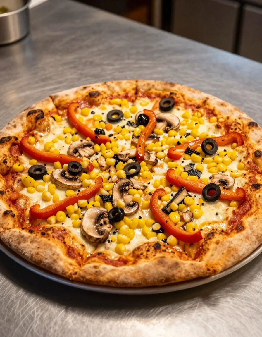 Vegetable pizza topped with sweetcorn, peppers, mushrooms and olives on a dark tray in a kitchen