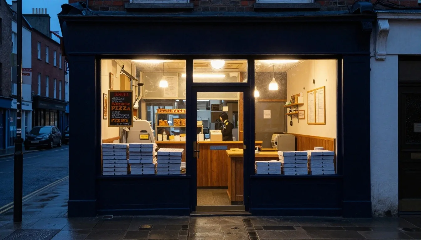 Warm light from a neighbourhood pizza takeaway window onto a Dublin street at dusk