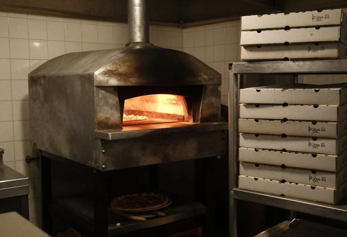 Pizzas prepared in a takeaway kitchen before being boxed for collection