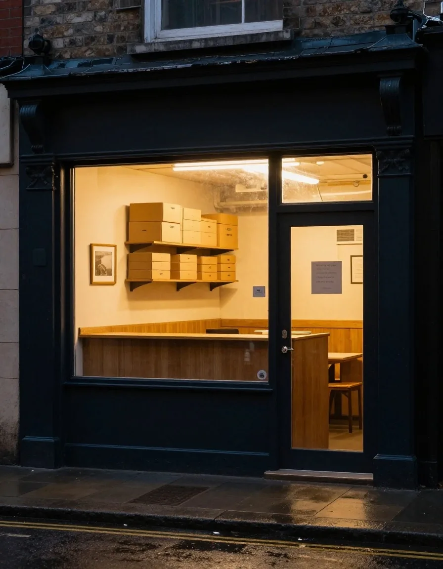 Takeaway shopfront lit from inside on a Dublin street in the evening